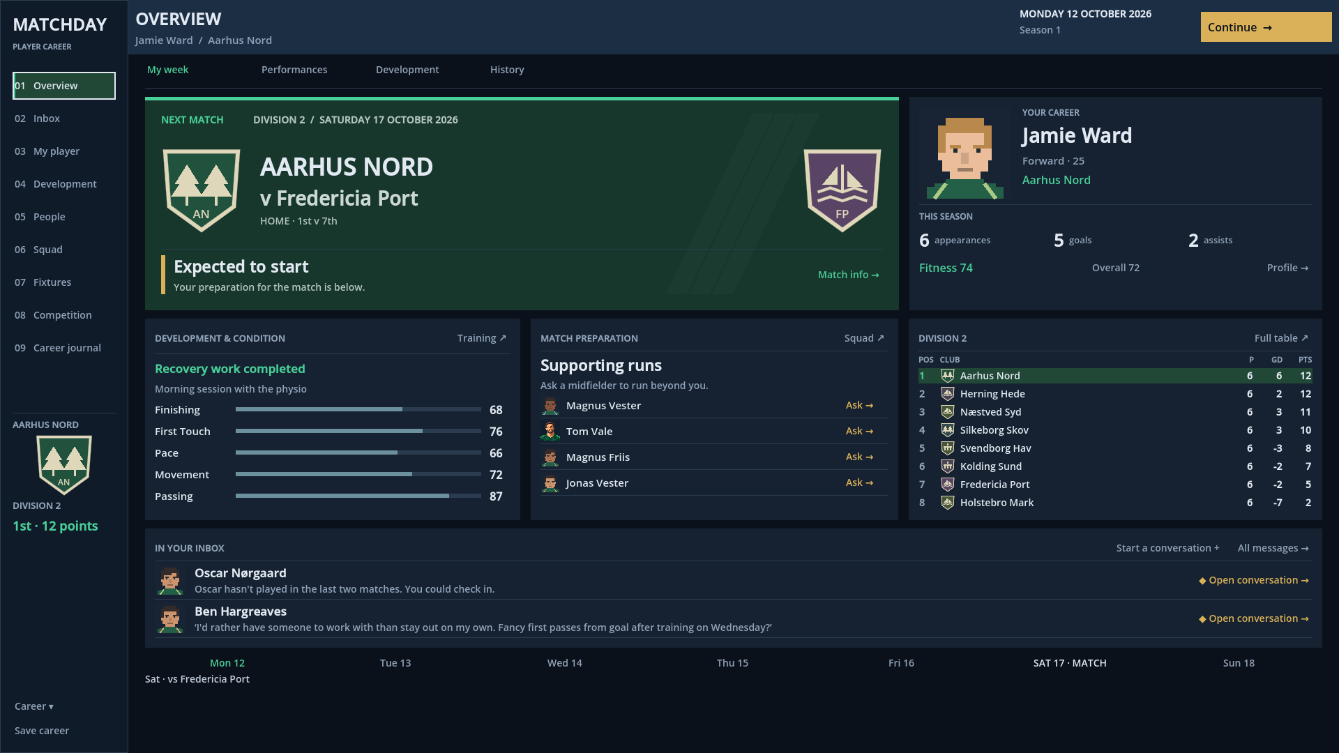 Updated career overview with Jamie Ward's next fixture, training, supporting-run choices, league table and messages from teammates