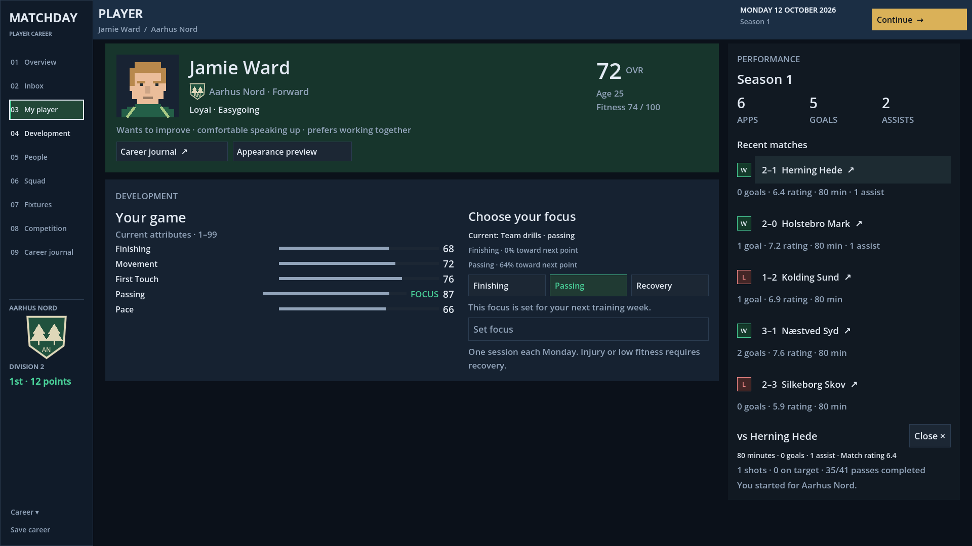 Jamie Ward's updated player profile with a pixel portrait, attributes, training focus and recent match performances