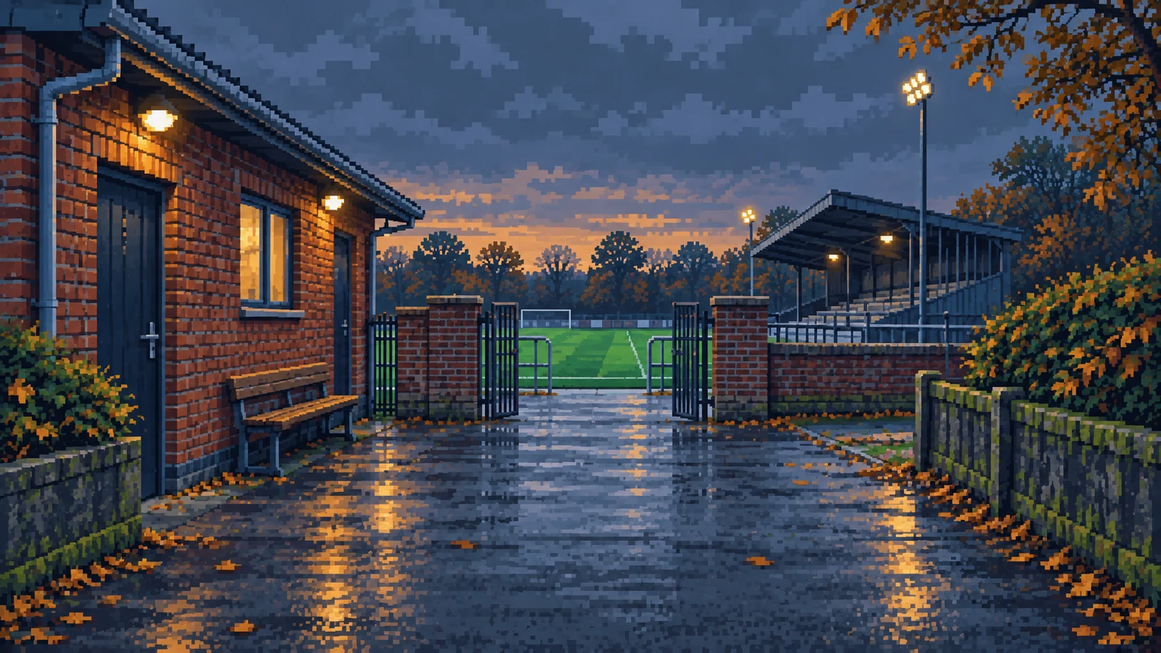 Pixel artwork of an open football ground gate, a brick clubhouse and a floodlit pitch at dusk